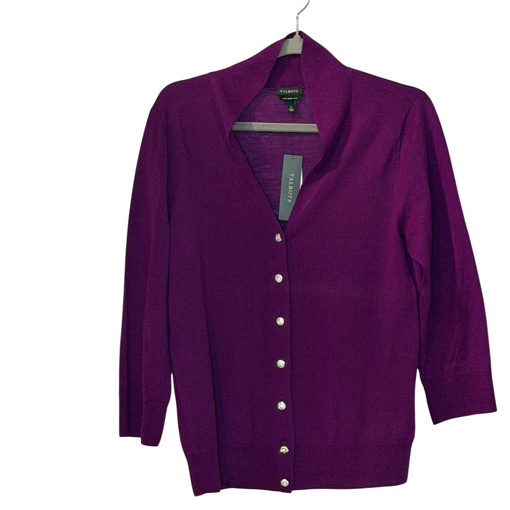 Talbots Merino Wool Cardigan Sweater Purple Rhinestone Button Shawl Collar Large